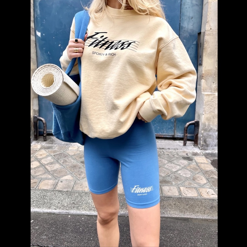Sporty & Rich 80s Varsity Blue Logo Princess Diana Fitness Biker Shorts Sz L/XL - Picture 10 of 13